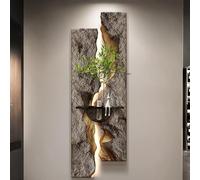 3D Wall Art With LED Light, Wall Decor With Vase And Artificial Plants, Butterflies Design 3D Sculpture Sandstone Painting For Living Room, Hallway (Brown 1 35x100cm/13.8x39.4in)