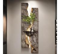 3D Wall Art With LED Light, Wall Decor With Vase And Artificial Plants, Butterflies Design 3D Sculpture Sandstone Painting For Living Room, Hallway (Brown 2 35x100cm/13.8x39.4in)