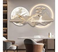 3D wall art with lights Hanging Mural with Clocks for Living Room Decor, Power Supply Clock with LED Light, Modern Creative Landscape(39.4x19.7in, A)