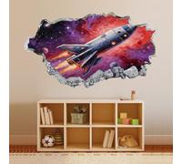3D Wall Decal Painted Rocket Smashed Wall Tattoo Decal Boys Bedroom Decor Wall Stickers Mural Outer Space Wall Removable Poster Decals for Baby Nursery Girl Kids Room Wall Decors
