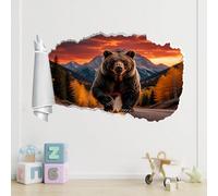 3D Wall Decor Stickers Bear Forest Animals Wall Stickers 3D Smashed Wall Mural Decals Autumn Sunset Mountain Wall Art Family for Kids Bedroom Living Room Nursery Home Wall Décor 75x120cm