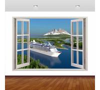 3D Wall Decor Stickers Cruise Ship Mountain Landscape Wall Stickers 3D Smashed Wall Mural Decals Wall Vinyl Art Family for Kids Bedroom Living Room Nursery Home Wall Décor 53x93cm