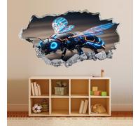 3D Wall Decor Stickers Mechanical Bee Wall Stickers 3D Smashed Wall Mural Decals Wall Vinyl Art Family for Kids Bedroom Living Room Nursery Home Wall Décor 53x93cm