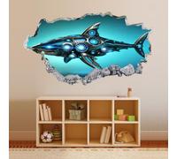 3D Wall Decor Stickers Mechanical Shark Removable Waterproof Vinyl Floor Decals Wall Stickers 3D Smashed Wall Mural Decals for Kids Bedroom Living Room Home Wall Décor 58x101cm