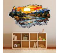 3D Wall Decor Stickers River Forest Sunset Wall Stickers 3D Smashed Wall Mural Decals Wall Vinyl Art Family for Kids Bedroom Living Room Nursery Home Wall Décor 43x75cm