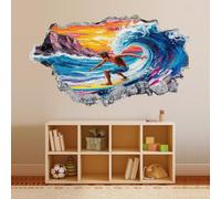 3D Wall Decor Stickers Surfing Sunset Wall Stickers 3D Smashed Wall Mural Decals Wall Vinyl Art Family for Kids Bedroom Living Room Nursery Home Wall Décor 43x75cm