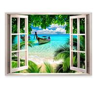 3D WALL ILLUSION murando 140x100 cm Wallpaper Mural Photo Print Window View Optical Illusion Design Wall Mural Art Print Wall Decoration Poster sea Beach Nature c-C-0088-c-a