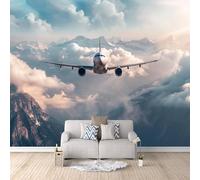 3D Wall Mural Airplane Photo Wallpaper, Non-Woven Mural Wallpaper Decoration Poster Art Picture Modern 300×210 cm (WxH) Natural Clouds Snow Mountain Passenger Plane Wall Murals for Bedroom Living Room