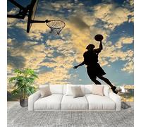 3D Wall Mural Art Wall Decor Removable Wallpaper Basketball Player Silhouette Modern Non-Woven Fabrics Easy to Clean Mural Light Blue Murals for Classroom Bathroom Apartment 250x175cm