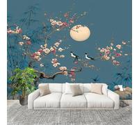 3D Wall Mural Art Wall Decor Removable Wallpaper Chinese Floral and Bird Moonlit Night Modern Non-Woven Fabrics Easy to Clean Mural Blue Murals for Classroom Bathroom Apartment 400x280cm