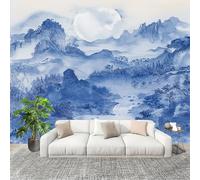 3D Wall Mural Art Wall Decor Removable Wallpaper Chinese Ink Painting Mountains Modern Non-Woven Fabrics Easy to Clean Mural Blue and White Murals for Classroom Bathroom Apartment 250x175cm