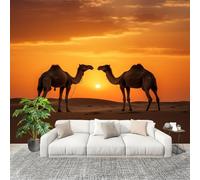3D Wall Mural Art Wall Decor Removable Wallpaper Desert Animals Camel Silhouette Modern Non-Woven Fabrics Easy to Clean Mural Orange Murals for Classroom Bathroom Apartment 250x175cm