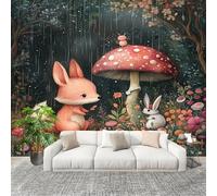 3D Wall Mural Art Wall Decor Removable Wallpaper Fantasy Jungle Fox Mushroom Modern Non-Woven Fabrics Easy to Clean Mural Grey Murals for Classroom Bathroom Apartment 300x210cm