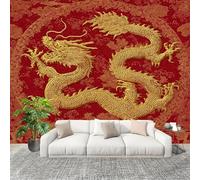 3D Wall Mural Art Wall Decor Removable Wallpaper Golden Chinese Dragon Modern Non-Woven Fabrics Easy to Clean Mural Red Murals for Classroom Bathroom Apartment 250x175cm