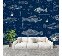 3D Wall Mural Art Wall Decor Removable Wallpaper Ocean Animals Fish Theme Modern Non-Woven Fabrics Easy to Clean Mural Dark Blue Murals for Classroom Bathroom Apartment 400x280cm