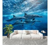 3D Wall Mural Art Wall Decor Removable Wallpaper Romantic Animal Dolphin Modern Non-Woven Fabrics Easy to Clean Mural Blue Murals for Classroom Bathroom Apartment 350x256cm