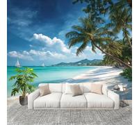 3D Wall Mural Art Wall Decor Removable Wallpaper Seaside Beach Vacation Modern Non-Woven Fabrics Easy to Clean Mural Blue Murals for Classroom Bathroom Apartment 400x280cm