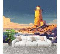 3D Wall Mural Art Wall Decor Removable Wallpaper Seaside Lighthouse Theme Modern Non-Woven Fabrics Easy to Clean Mural Blue Murals for Classroom Bathroom Apartment 200x140cm