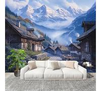 3D Wall Mural Art Wall Decor Removable Wallpaper Snow Mountain Town Street Modern Non-Woven Fabrics Easy to Clean Mural Light Blue Murals for Classroom Bathroom Apartment 300x210cm