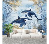 3D Wall Mural Art Wall Decor Removable Wallpaper Watercolor Animal Killer Whale Modern Non-Woven Fabrics Easy to Clean Mural Multicolor Murals for Classroom Bathroom Apartment 350x256cm