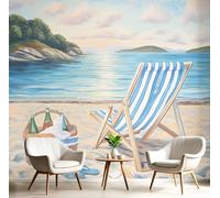 3D Wall Mural, Beach Deck Chair Print Vintage Oil Painting Photo Wallpaper, Silk Cloth Mural Decoration Poster Picture Design, 200x150cm (WxH) Murals for Living Room Kids Bedroom, Blue White