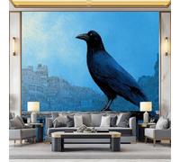 3D Wall Mural Black Crow on Balcony Photo Wallpaper, Ancient Cityscape Non-Woven Wall Mural, Decoration Poster Picture Design Modern Mural 350 x 256 cm for Kids Kindergarten