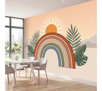 3D Wall Mural Boho Modern Print Geometric Sun Motif Palm Leaves Monstera Photo Wallpaper, Non-Woven Mural Decoration Poster Picture 250 x 175 cm Wallpaper for Living Room Kids Bedroom