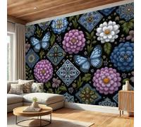 3D Wall Mural Butterflies And Flowers Print Photo Wallpaper, Luxury Silk Wall Mural Decoration Traditional Patchwork Wall Sticker for Bedroom, Living Room, Sofa Backdrop Decor 400x280cm, Sage Green