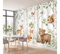 3D Wall Mural Cartoon Animals Print Woodland Deer Foxes Birds Photo Wallpaper, Non-Woven Mural Decoration Poster Picture 300 x 210 cm Wallpaper for Living Room Kids Bedroom