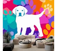 3D Wall Mural Cartoon Labrador Puppy Photo Wallpaper, Colourful Paw Prints Non-Woven Wall Mural, Decoration Poster Picture Design Modern Mural 150 x 105 cm for Kids Kindergarten