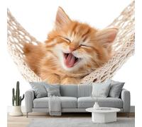 3D Wall Mural Cartoon Print Photo Wallpaper, Luxury Non-Woven Wall Mural Decoration Poster Picture Design Modern Orange Orange Cat Hammock 300 X 210 Cm Wallpaper Living Room