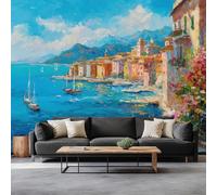 3D Wall Mural Charming Modern Urban Coastal Print Photo Wallpaper, Non-Woven Blue - Poster Mural Wallpaper for Living Room Kitchen Bedroom, 59 x 41 inch (W x H)
