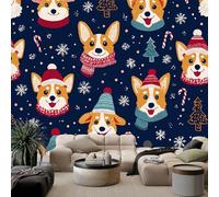 3D Wall Mural Christmas with Corgi Dog Photo Wallpaper, Navy Blue Non-Woven Wall Mural, Decoration Poster Picture Design Modern Mural 400 x 280 cm for Kids Kindergarten