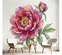 3D Wall Mural Chrysanthemums Green Leaves Print Photo Wallpaper,Wall Decoration Impressionist Illustrations Poster Picture Design Modern 300X210Cm Mural For Living Room Bedroom Bathroom, Red Green