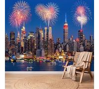 3D Wall Mural City Architecture Print Blue Modern Empire State Building Fireworks Photo Wallpaper, Non-Woven Mural Decoration Poster Picture 250 x 175 cm Wallpaper for Living Room Kids Bedroom