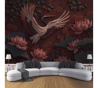 3D Wall Mural Crane, Lotus, And Lotus Leaf Print Photo Wallpaper, Good Luck Wood Carving Silk Mural Decoration Poster Picture Design Wall Art for Living Room Kids Bedroom Background,Red, 150x105cm
