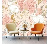 3D Wall Mural Cute Animal Rabbits Wildflowers and Leaves Non-Woven Wall Mural Decoration for Living Room Kids Bedroom 350 x 256 cm Photo Poster Wallpaper Pink Background Theme Wallpaper