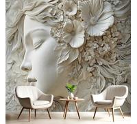 3D Wall Mural Embossed Floral Style Photo Wallpaper, Luxury Plaster Sculpture Of A Woman'S Profile Wall Mural Decoration Poster Picture 150×105 cm Murals For Living Room Kids Bedroom,Off White