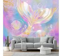 3D Wall Mural Fantasy Print Photo Wallpaper, Luxury Non-Woven Wall Mural Decoration Poster Picture Design Modern Pink Purple Mermaid Tail Shells 300 X 210 Cm Wallpaper Living Room