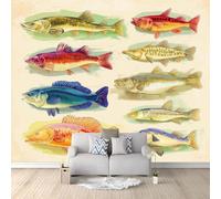 3D Wall Mural Fish Retro Hand-Drawn Nature Illustration 350 x 256 cm Luxury Non-Woven Wall Covering - Decoration Photo Wallpaper Picture, Ideal for Living Room Kids Bedroom Home Decor Light Gray