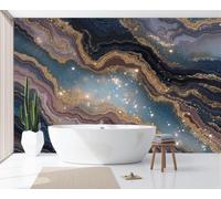 3D Wall Mural Gold Leaf Cracked Marble 450X315Cm Photo Wallpaper, Blue-Brown Mysterious Agate Starry Sky Non-Woven Mural Wallpaper For Living Room Bedroom Kids Room Tv Sofa Background Wall Decor
