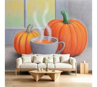 3D Wall Mural Halloween Pumpkin Coffee Photo Wallpaper, Pencil Drawing Non-Woven Wall Mural, Decoration Poster Picture Design Modern Mural 300 x 280 cm for Kids Kindergarten