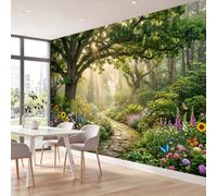 3D Wall Mural Jungle Nature Print Sunflowers Butterflies Stone Path Trees Photo Wallpaper, Non-Woven Mural Decoration Poster Picture 200 x 140 cm Wallpaper for Living Room Kids Bedroom