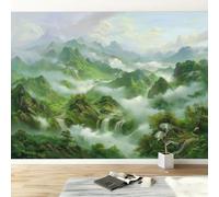 3D Wall Mural Landscape Painting Mountains Waterfall Aerial View, Green Print Photo Wallpaper, Premium Non-Woven Wall Mural Decoration Poster Design, 300 x 210 cm Wallpaper for Living Room Bedroom