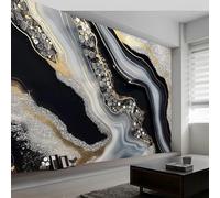 3D Wall Mural Marble Black and White Stripe Geometry Print Photo Wallpaper, Black and Gold Non-Woven Wall Mural Decoration Poster Picture Design Modern 350 x 256 cm Mural for Living Room Kids Bedroom