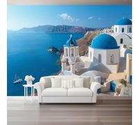 3D Wall Mural Mediterranean Style Architecture Sea View Print Photo Wallpaper, Luxury Non-Woven Wall Mural Decoration Poster Picture Blue White 250 X 175 Cm Wallpaper Living Room Bedroom Office