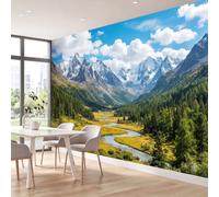 3D Wall Mural Mountains Nature Print Clouds Woodland Forest River Grassland Photo Wallpaper, Non-Woven Mural Decoration Poster Picture 200 x 140 cm Wallpaper for Living Room Kids Bedroom