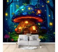 3D Wall Mural Mushrooms Fairy Tales Fantasy Forest Decorations 300 x 210 cm Luxury Non-Woven Wall Covering - Decoration Photo Wallpaper Picture, Ideal for Living Room Kids Bedroom Home Decor Dark Blue