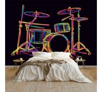 3D Wall Mural Neon Music Drum Set Lines Photo Wallpaper, Black Non-Woven Wall Mural, Decoration Poster Picture Design Modern Wallpaper 200 x 140 cm for Kids Kindergarten