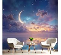 3D Wall Mural New Moon Night Sky Print Photo Wallpaper, Lake Reflection Silk Mural Decoration Poster Picture Design Wall Art for Living Room Bedroom Background, Dark Blue Warm Yellow ， 250 x 175cm